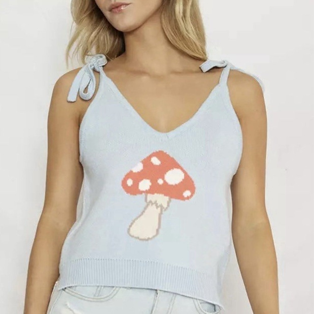 Mushroom Sweater Knit Tank Top Tie Shoulder Miss Sparkling Large Festival Whimsy